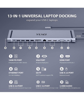 Station d'accueil 13 en 1 4K HDMIx2,VGA x1,USB 3.0x2,USB 2.0x2,SD/TF Gigabit Ethernet Audio la colonne vertébrale