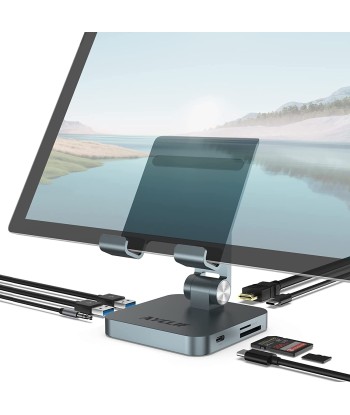 Stand Tablette Station d'accueil USB-C 8 en 1 4K HDMI, USB 3.0, 60W PD, Audio 3,5 mm, SD/TF ou a consommer sur place