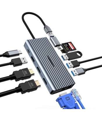 Station d'accueil USB-C 12en1 Triple Affichage 2*4K HDMI VGA 3*USB-A 3.0 USB-A 2.0 LAN SD/TF à prix réduit toute l'année