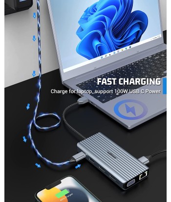 Station d'accueil USB-C 12en1 Triple Affichage 2*4K HDMI VGA 3*USB-A 3.0 USB-A 2.0 LAN SD/TF à prix réduit toute l'année