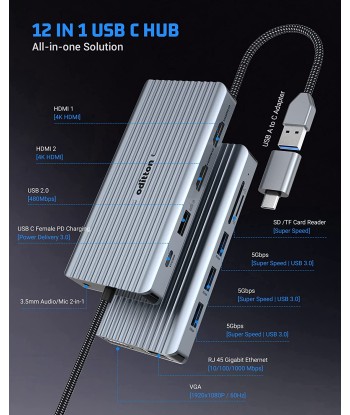 Station d'accueil USB-C 12en1 Triple Affichage 2*4K HDMI VGA 3*USB-A 3.0 USB-A 2.0 LAN SD/TF à prix réduit toute l'année