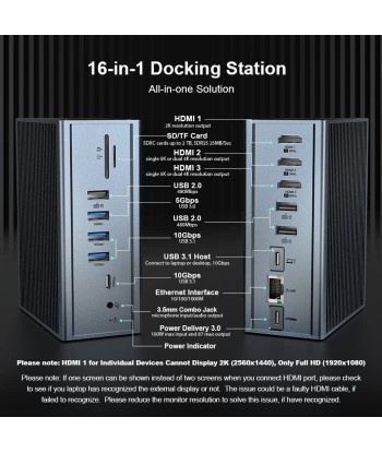 Station d'accueil 16en1 HDMI 100W PD USB-A/C 10Gbps RJ45 Audio Lecteur de Carte GRIS plus qu'un jeu 