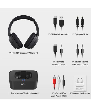 Casque Bluetooth Sans Fil TV Transmetteur Socle Chargement Autonomie 50H Longue Portée NOIR Economisez 