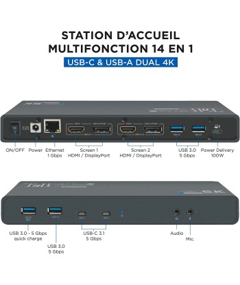 Station d’Accueil Double Ecran 4K60Hz, 14 en 1 HDMI et DisplayPort 4X USB-A 3.0 2X USB-C 3.0 une grave pollution 