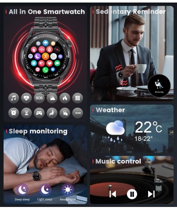 Montre Connectée Appels Bluetooth Assistant Vocal Intégré Ecran 1,39" Etanche Tracker NOIR en linge