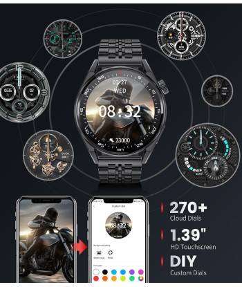 Montre Connectée Appels Bluetooth Assistant Vocal Intégré Ecran 1,39" Etanche Tracker NOIR en linge