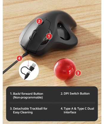 Souris Trackball Filaire Design Ergonomique Contrôle Simple du Pouce Suivi Précis et Fluide NOIR/ROUGE livraison gratuite