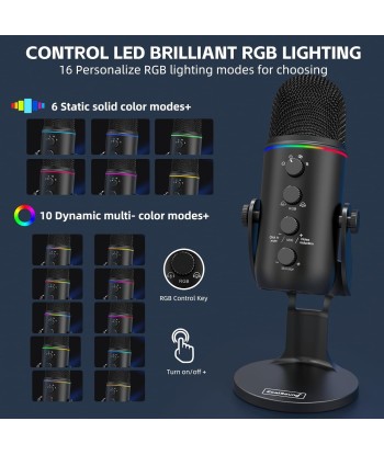 Micro à Condensateur USB Bouton Muet Lumière RGB 4 Pickup Patterns NOIR JUSQU'A -70%! 