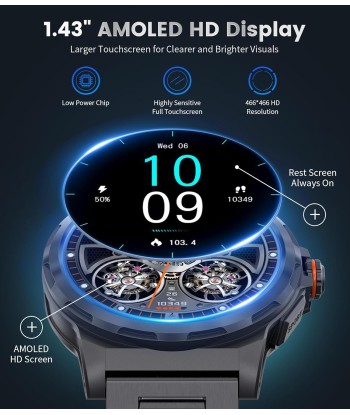 Montre Connectée Bluetooth Ecran 1,43 Pouces Montre Intelligente Etanche IP67 Sportif NOIR vous aussi creer 