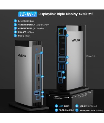 Station d'accueil 16 en 1 HDMI VGA USB-A / C 3.0, RJ45 Audio & Mic SD / TF ARGENT la colonne vertébrale