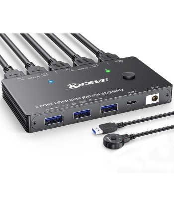 Commutateur KVM 1 moniteur 2 ordinateurs 4K à 144 Hz 8K à 60 Hz, HDMI USB3.0 Commutateurs KVM avec 3 ports USB 3.0, télécommande filaire, adaptateur secteur et câbles USB 3.0 inclus offre 