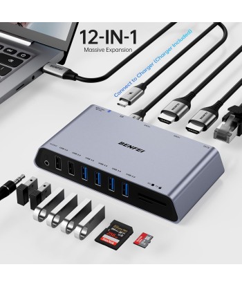 Station Accueil USB 3.0 12en1 DisplayLink Double Ecran HDMI 6 Ports USB Lecteur Carte SD/TF Réseau Ethernet Gigabit Prise Casque 3,5mm Compatible Windows et Mac Venez acheter