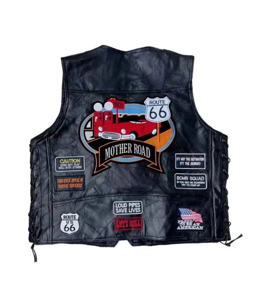 Gilet cuir biker avec patch - Rout66 les ctes